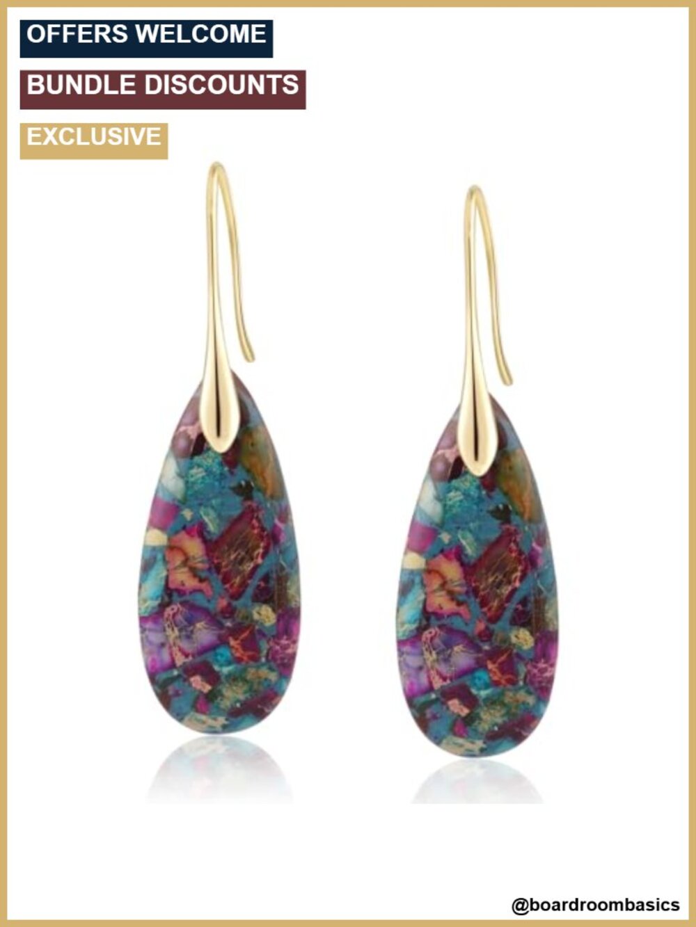 Natural Healing Stone Fishhoop Dangle Drop Earrings Statement Gold Silver